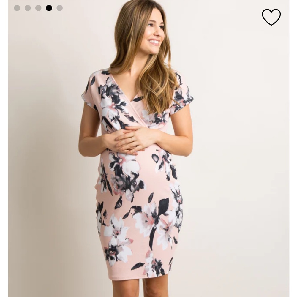 PinkBlush Light Pink Floral V Neck Fitted Maternity Dress